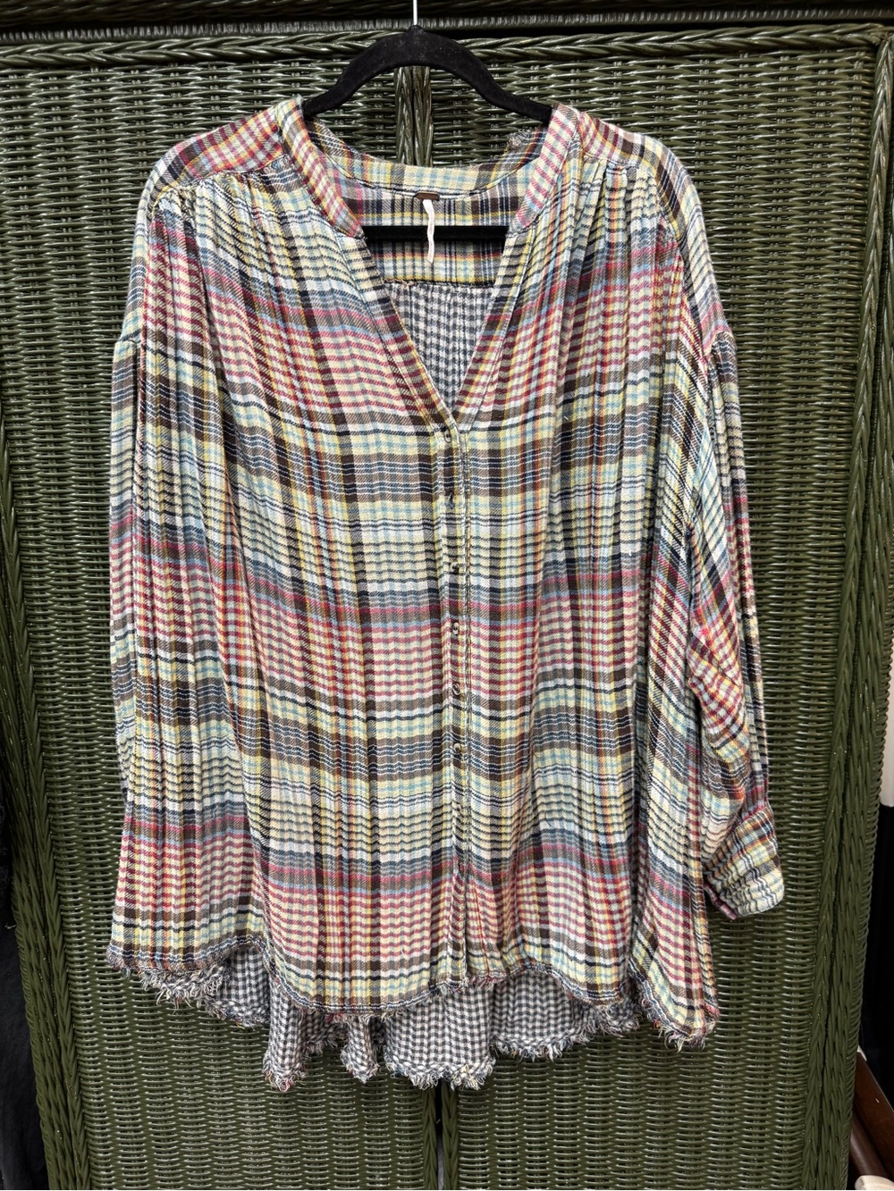 Free People Super Oversized Plaid Gingham Raw Hem Tunic Top Blouse One Size M-XL